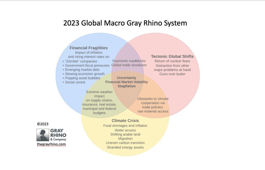 Venn diagram of climate risks, financial fragilities, and geopolitical tension overlaps. See full text of article for full description.